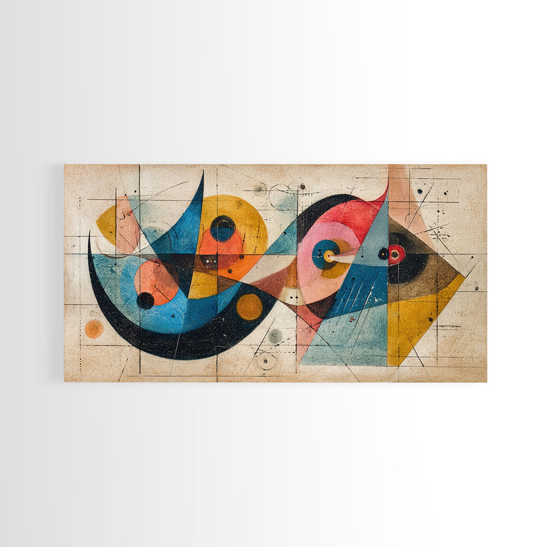 Abstract Bauhaus Fish Shapes In Teal Yellow Pink Wall Art, Midcentury Modern Canvas Print, Geometric Retro Decor, MCM Poster