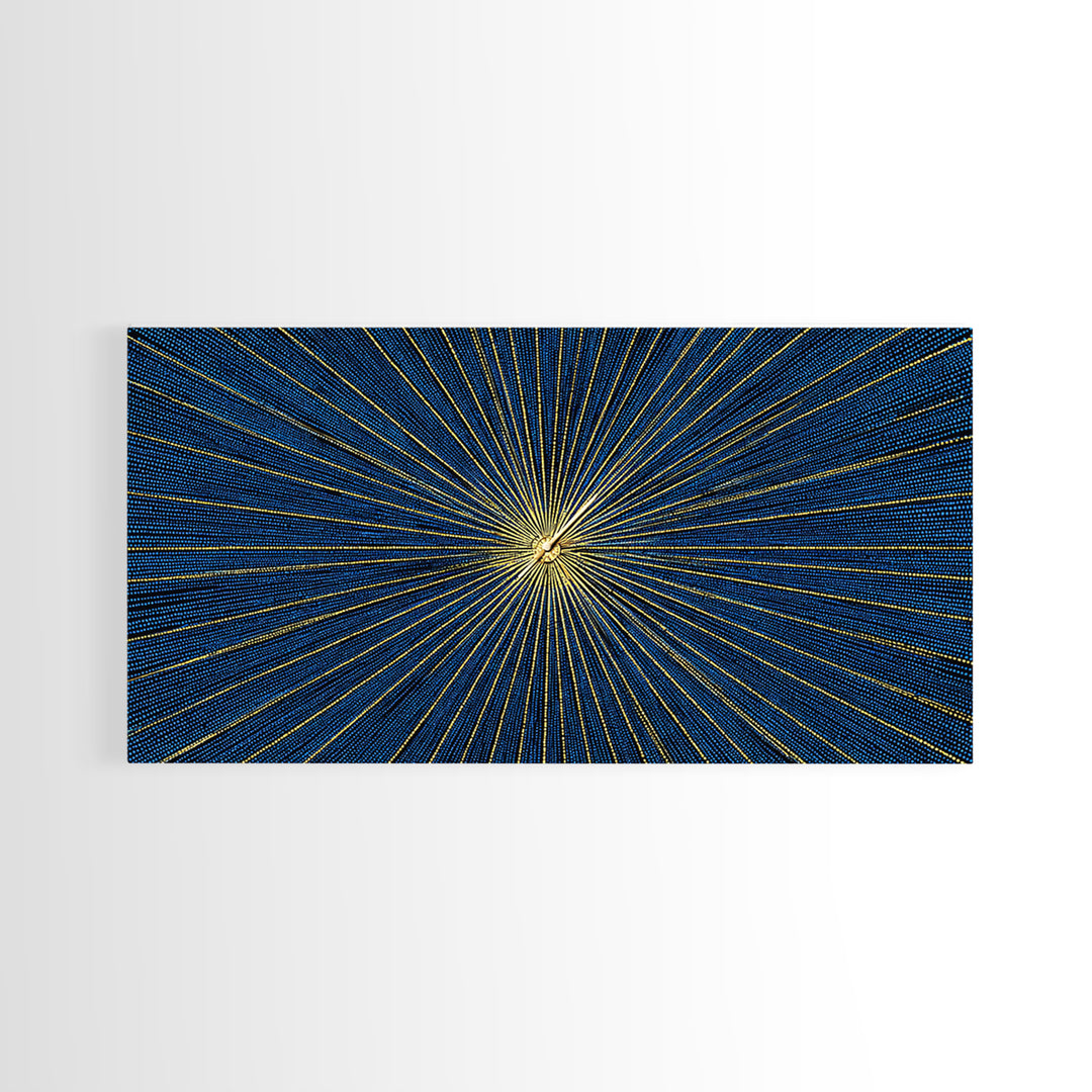 Blue Gold Radiating Op Art Wall Art, Midcentury Modern, Geometric Abstract Print, Atomic Sunburst, Modern Wall Decor, Living Room Art