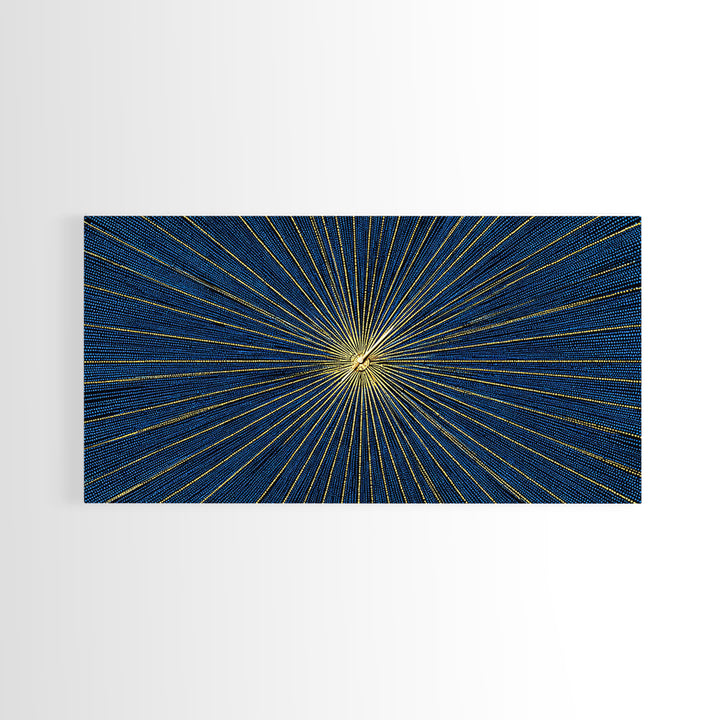 Blue Gold Radiating Op Art Wall Art, Midcentury Modern, Geometric Abstract Print, Atomic Sunburst, Modern Wall Decor, Living Room Art