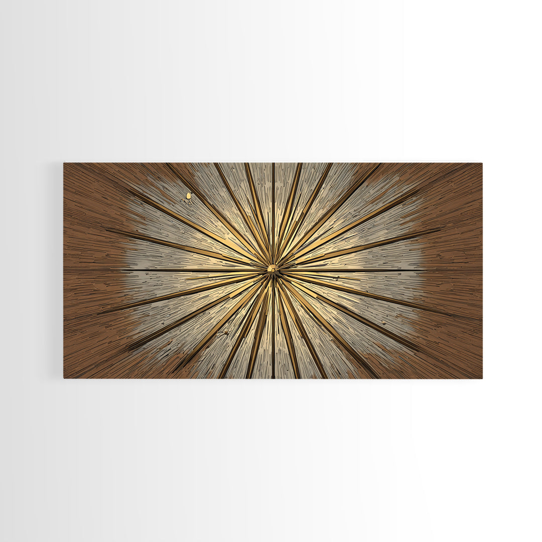 Brown Gold Woodgrain Sunburst Framed Canvas Print, Midcentury Modern Art, Neutral Wall Decor, Geometric Abstract Poster Art