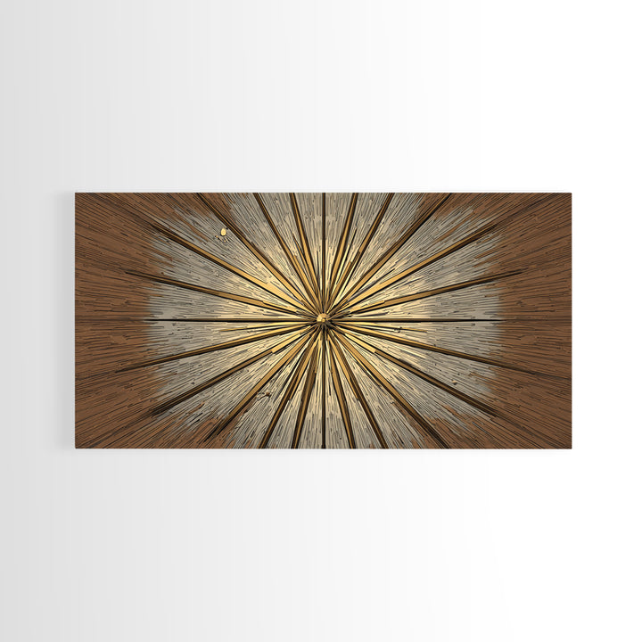 Brown Gold Woodgrain Sunburst Framed Canvas Print, Midcentury Modern Art, Neutral Wall Decor, Geometric Abstract Poster Art