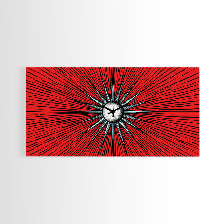 Red Atomic Starburst Clock Wall Art, Mid Century Modern Decor, Retro Sci Fi Poster, MCM Abstract Print, Bold Office Decor