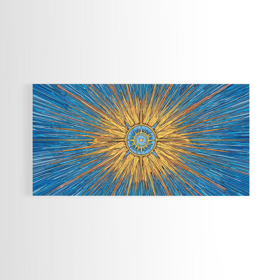 Blue Gold Solar Compass Canvas Print, Mid Century Modern Wall Decor, Atomic Sunburst Poster, Celestial Abstract Art, Office Decor