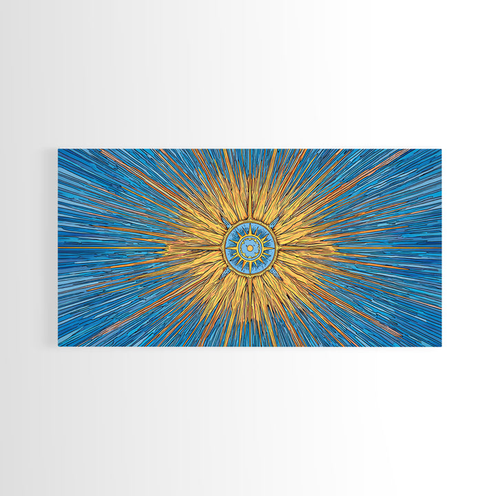 Blue Gold Solar Compass Canvas Print, Mid Century Modern Wall Decor, Atomic Sunburst Poster, Celestial Abstract Art, Office Decor