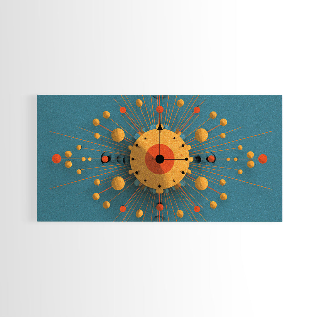 Teal Gold Atomic Clock Framed Canvas Print, Mid Century Modern Wall Art, Retro Space Age Poster, MCM Geometric Office Decor