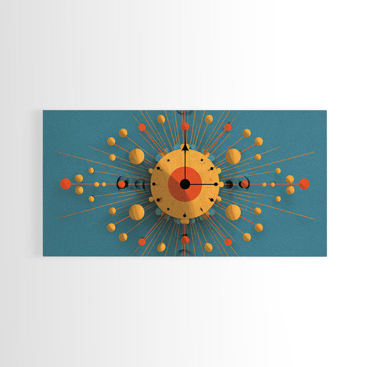 Teal Gold Atomic Clock Framed Canvas Print, Mid Century Modern Wall Art, Retro Space Age Poster, MCM Geometric Office Decor