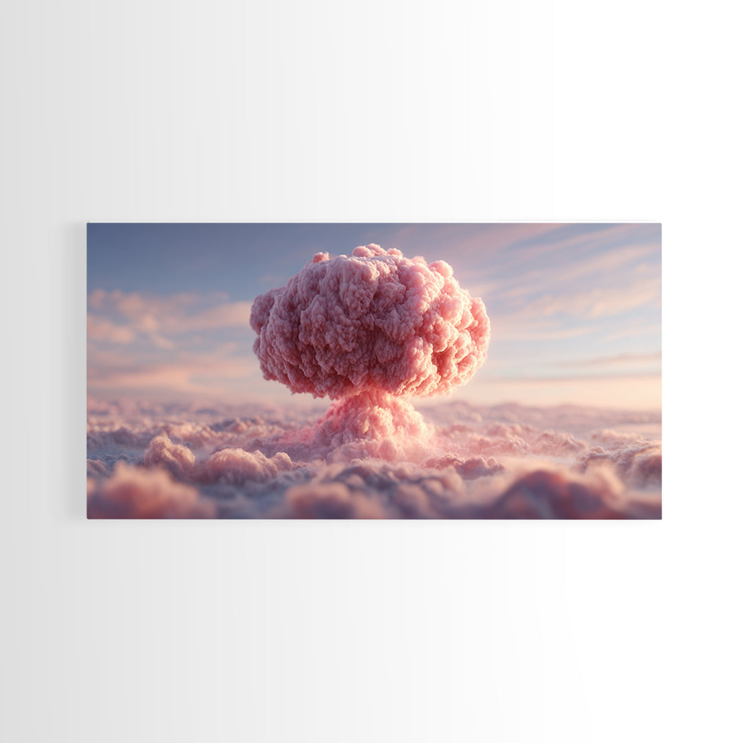 Pink Mushroom Cloud Wall Art, Surreal Sky Landscape, Modern Contemporary Decor, Pastel Statement Poster, Framed Canvas Print