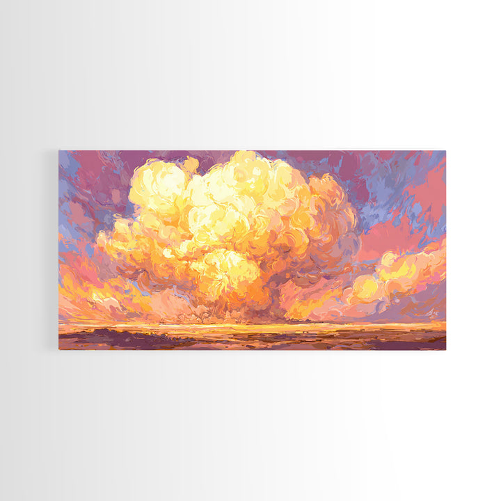 Glowing Desert Explosion Canvas Print, Retro Apocalypse Wall Art, Colorful Modern Art Poster, Dramatic Sunset Living Room Decor
