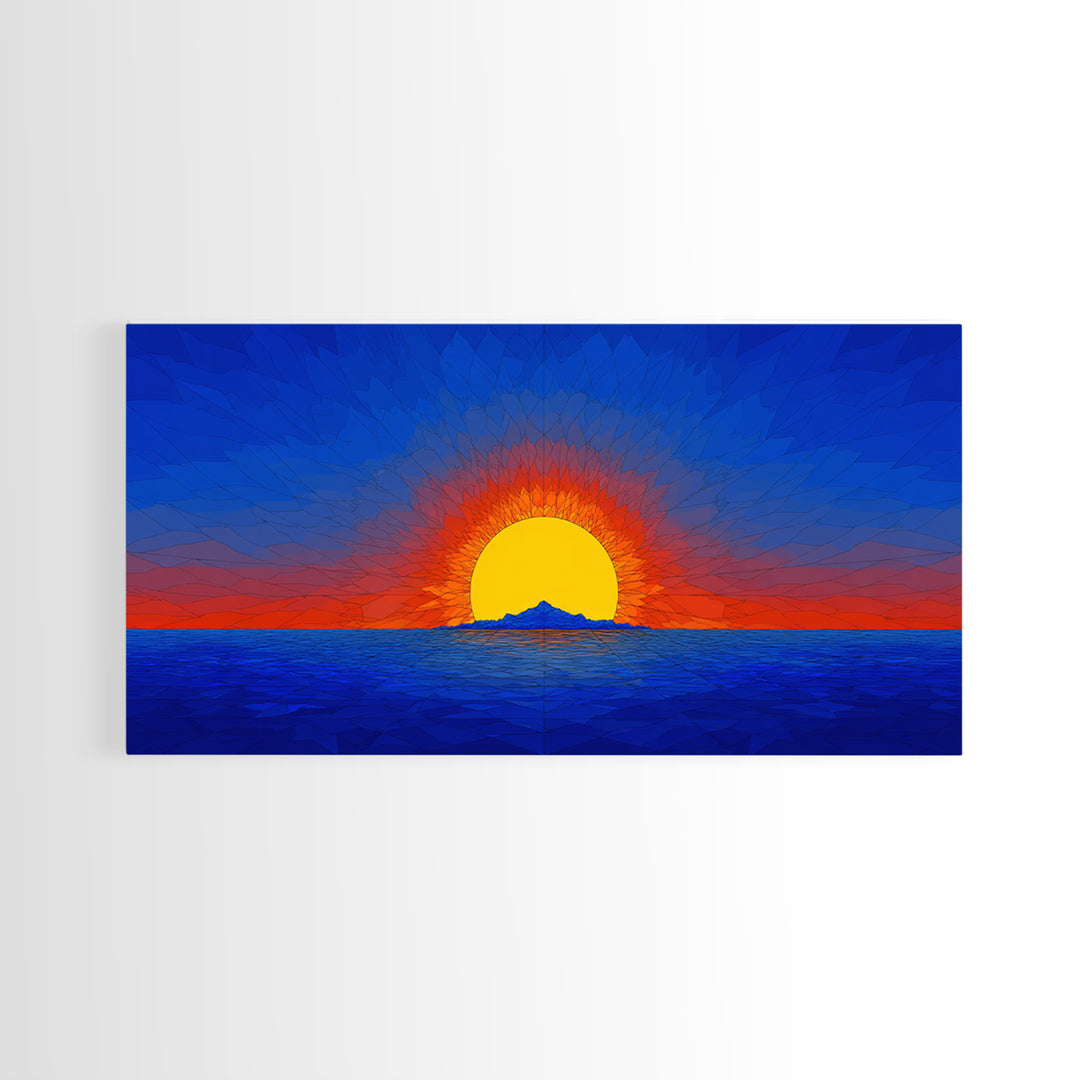 Geometric Ocean Sunset Wall Art, Mid Century Modern Landscape, Retro Sun Poster, Blue Orange Canvas Print For Coastal Decor