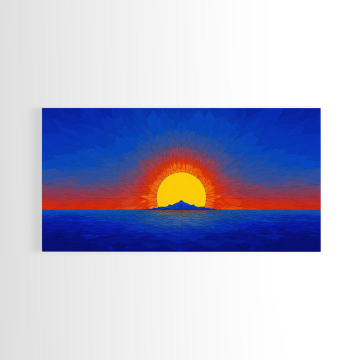 Geometric Ocean Sunset Wall Art, Mid Century Modern Landscape, Retro Sun Poster, Blue Orange Canvas Print For Coastal Decor