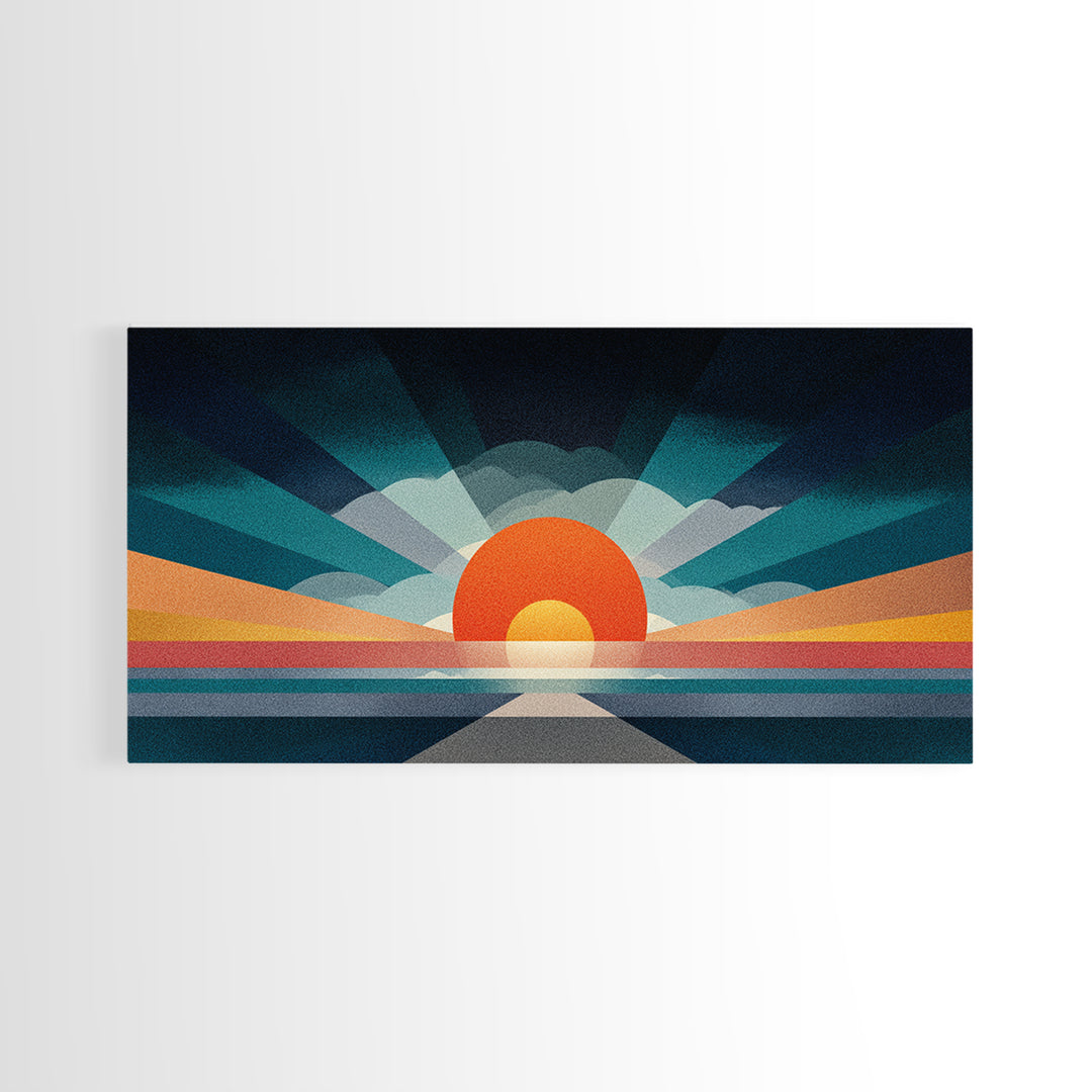 Retro Radiant Sunrise Wall Art, Mid Century Modern Geometric Poster, Abstract Desert Sun Canvas Print, Colorful Home Decor