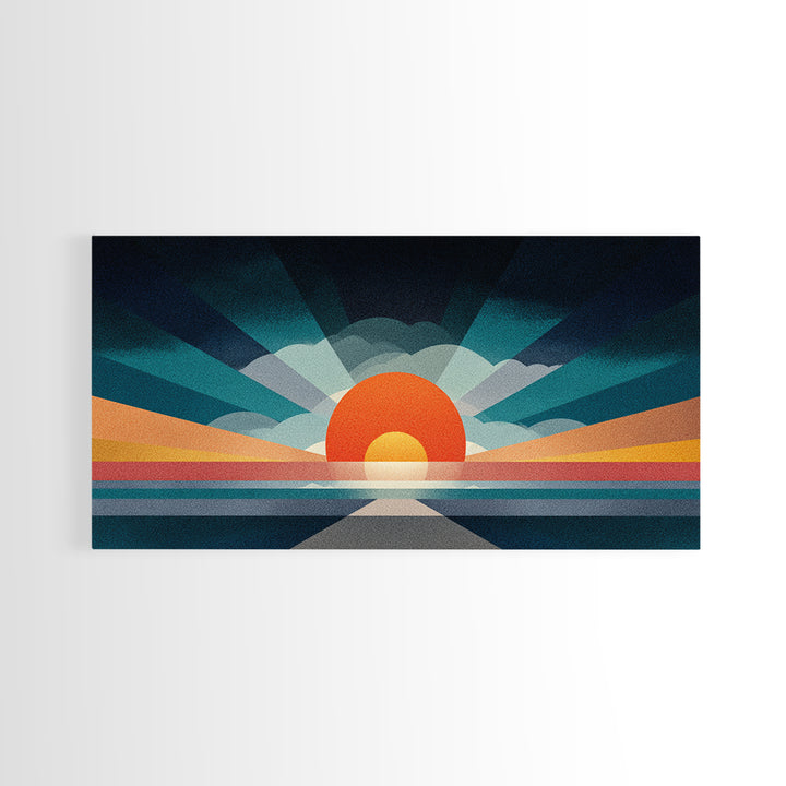 Retro Radiant Sunrise Wall Art, Mid Century Modern Geometric Poster, Abstract Desert Sun Canvas Print, Colorful Home Decor