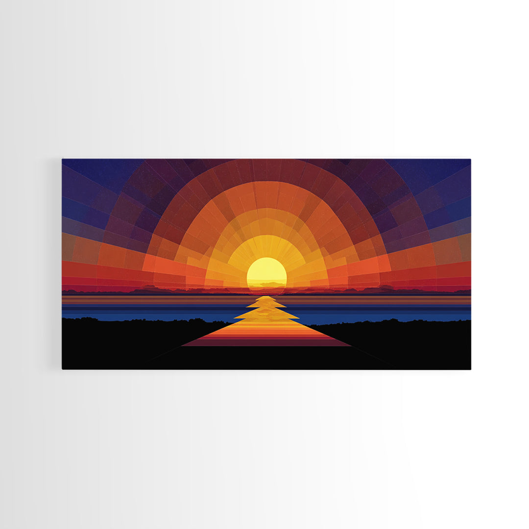 Geometric Sunset Over Ocean Path Wall Art, Mid Century Modern Abstract, Retro Sun Poster, Colorful Living Room Decor Print
