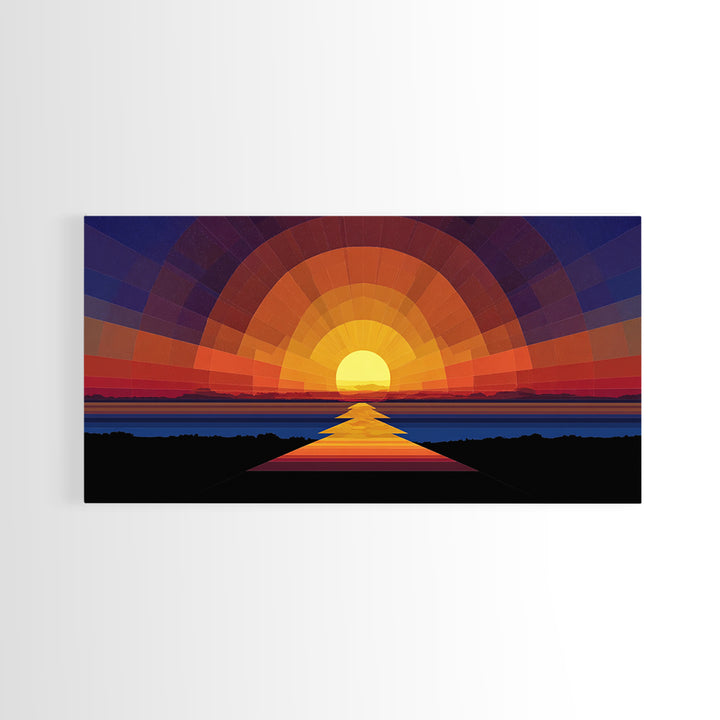 Geometric Sunset Over Ocean Path Wall Art, Mid Century Modern Abstract, Retro Sun Poster, Colorful Living Room Decor Print