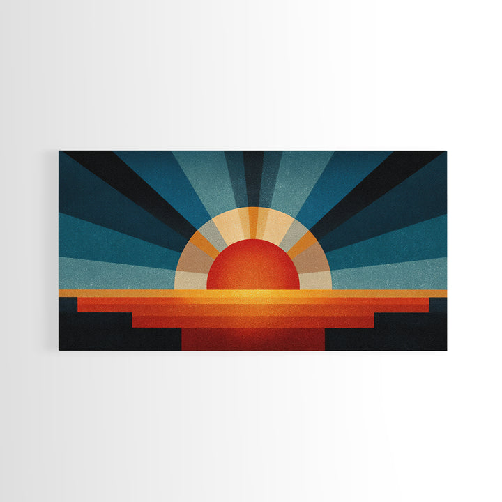 Textured Sun Rising Over Horizon Canvas Print, Mid Century Modern Abstract, Retro Wall Decor, Orange Blue Living Room Art