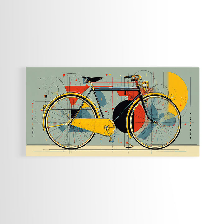 Classic City Bicycle With Abstract Circles Framed Canvas Print, Mid Century Modern Wall Art, Retro Bike Poster, Studio Decor