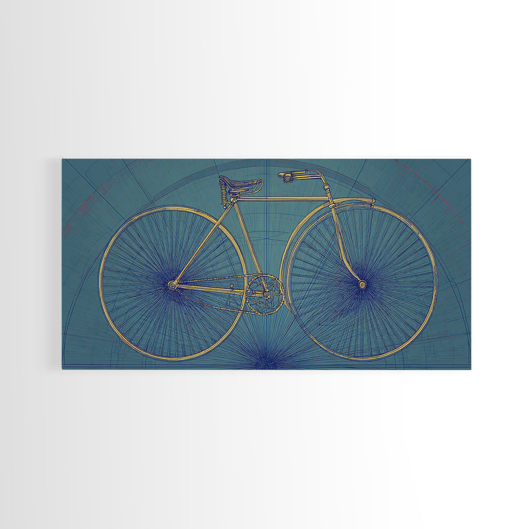Technical Line Drawing Bicycle On Blue Framed Canvas Print, Mid Century Modern Art, Retro Cycling Poster, Home Office Decor