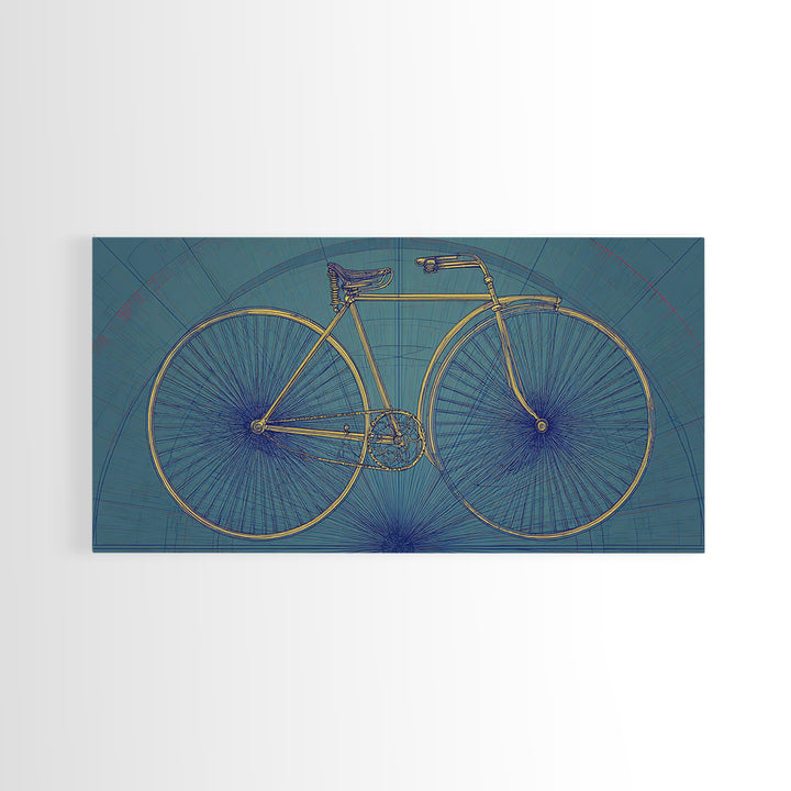 Technical Line Drawing Bicycle On Blue Framed Canvas Print, Mid Century Modern Art, Retro Cycling Poster, Home Office Decor