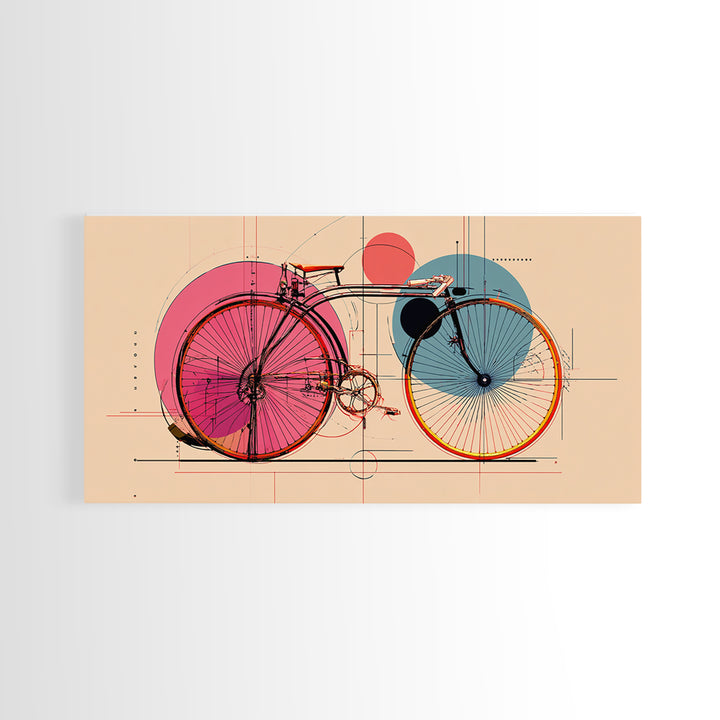 Retro Bicycle With Pink Blue Circles Canvas Print, Mid Century Modern Wall Art, Geometric Poster, Colorful Apartment Decor