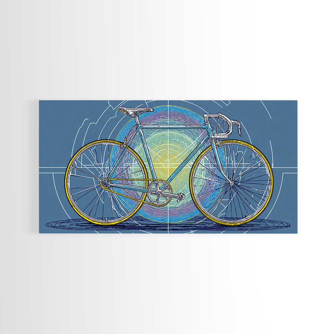 Touring Bicycle With Rainbow Circle Framed Canvas Print, Mid Century Modern Wall Art, Retro Cycling Poster, Blue Office Decor