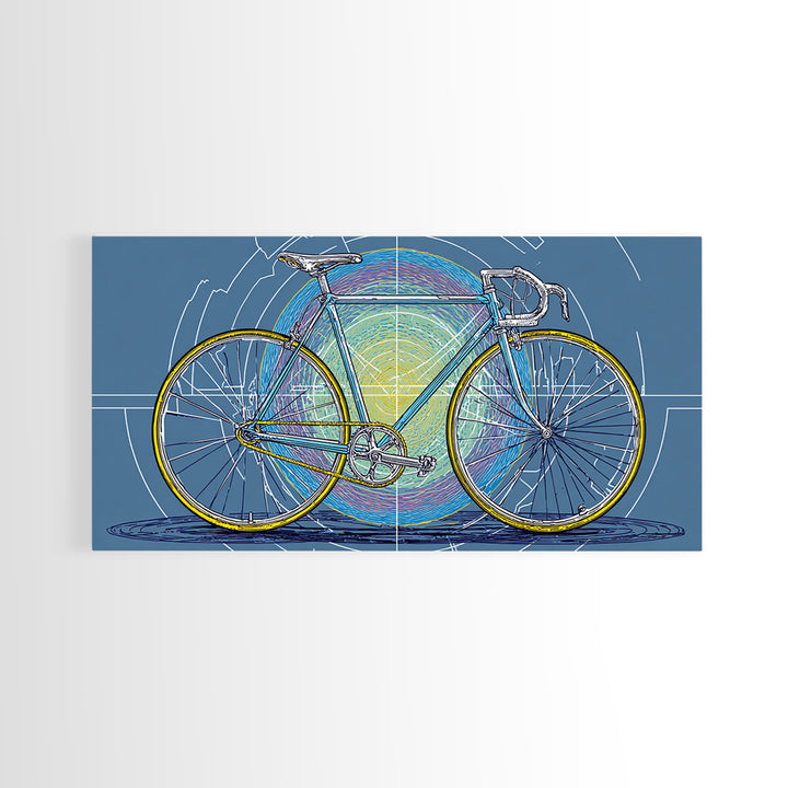 Touring Bicycle With Rainbow Circle Framed Canvas Print, Mid Century Modern Wall Art, Retro Cycling Poster, Blue Office Decor