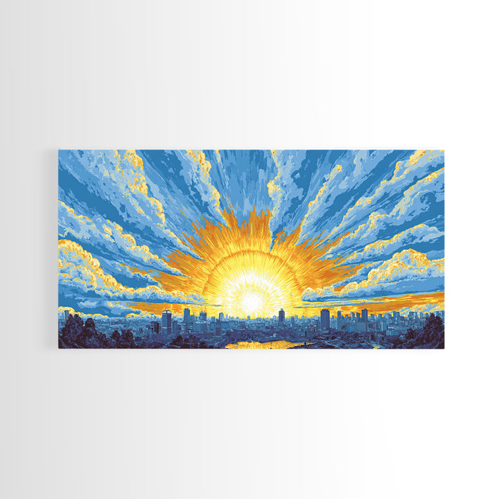 Golden Sunrise City Skyline Wall Art, Blue Sky Urban Landscape Canvas Print, Modern Home Decor, Statement Living Room Art