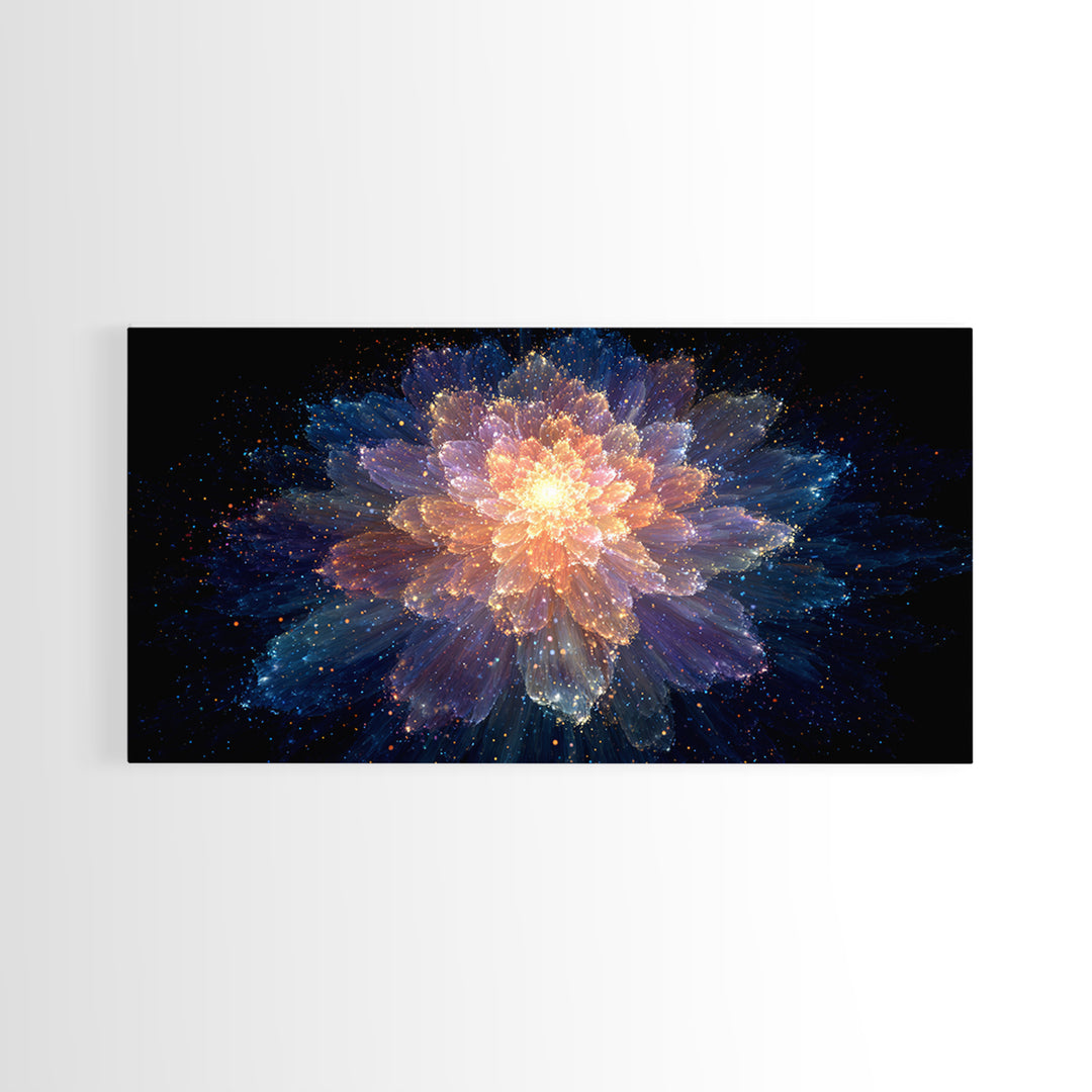 Glowing Cosmic Flower Canvas Print, Blue Orange Abstract Bloom, Spiritual Space Artwork, Modern Wall Art For Bedroom Decor