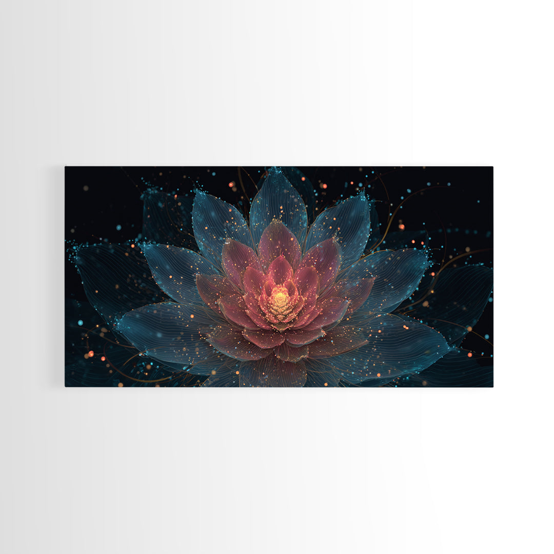 Teal Pink Lotus Canvas Print, Glowing Floral Mandala, Spiritual Abstract Art, Modern Wall Art, Yoga Decor For Meditation Room