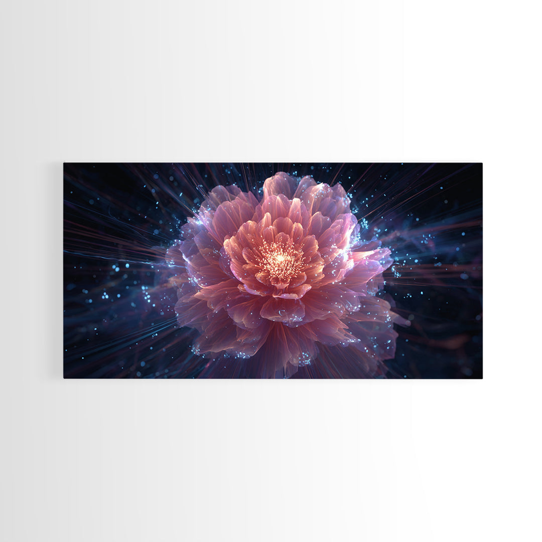 Radiant Pink Peony Canvas Print, Cosmic Floral Bloom, Blue Sparkle Abstract Art, Modern Wall Art For Bedroom And Living Room