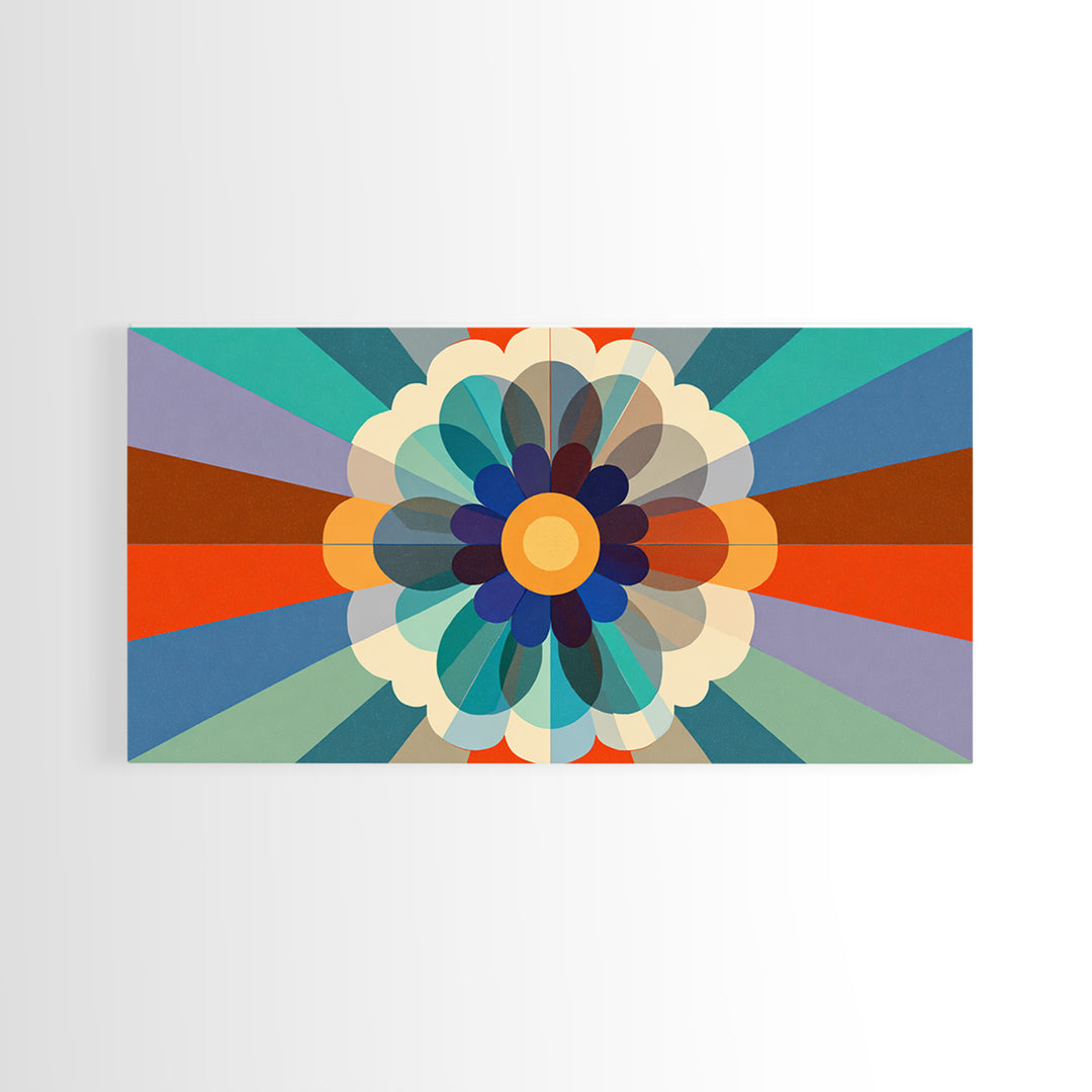 Retro Geometric Flower Wall Art, Colorful Mid Century Modern Radial Bloom, Bauhaus Poster, Bold Abstract Home Decor Print