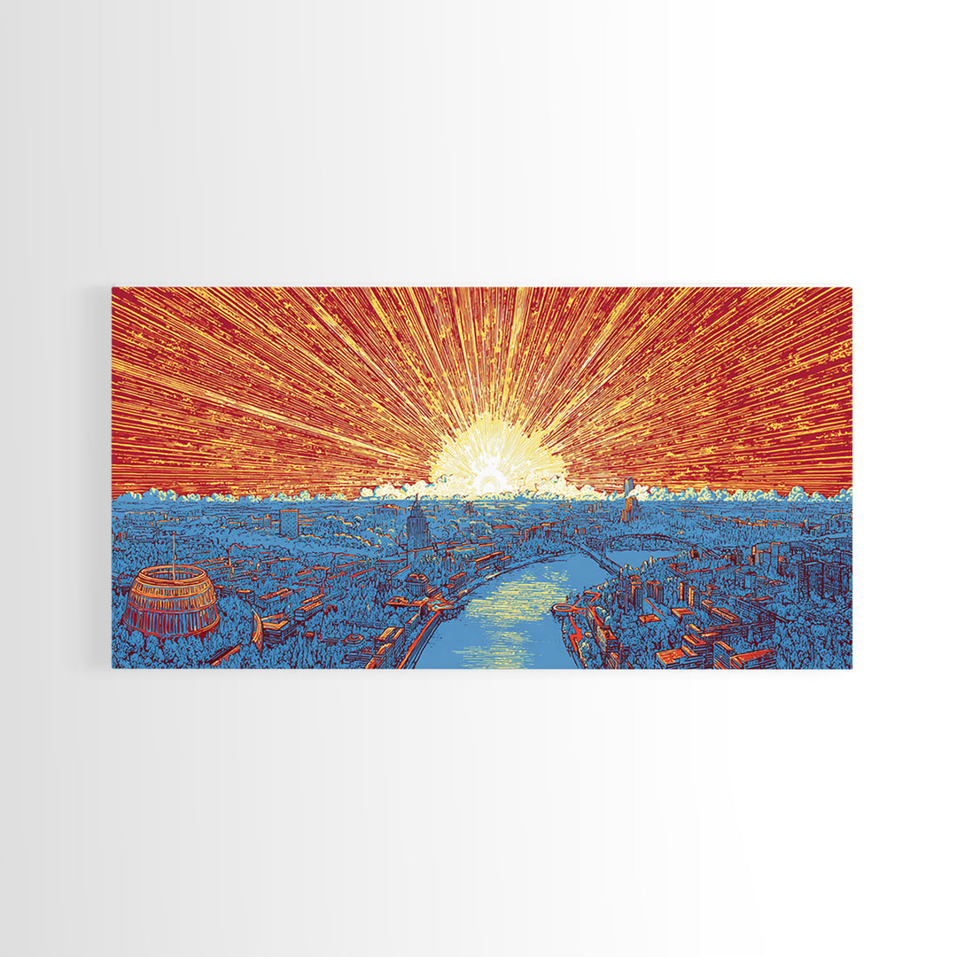 Orange Harbor Sunset Cityscape Wall Art, Blue Water Skyline Print, Retro Travel Poster, Modern Office Decor Canvas Print