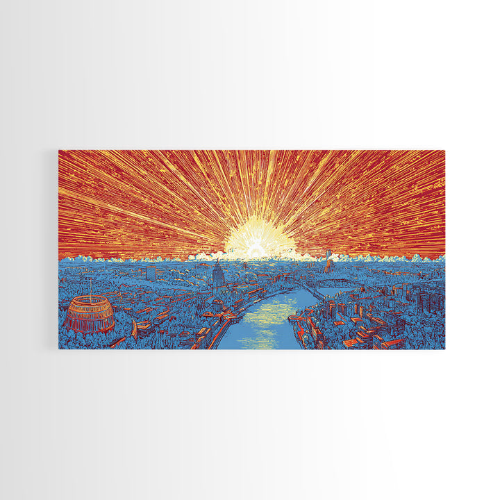 Orange Harbor Sunset Cityscape Wall Art, Blue Water Skyline Print, Retro Travel Poster, Modern Office Decor Canvas Print