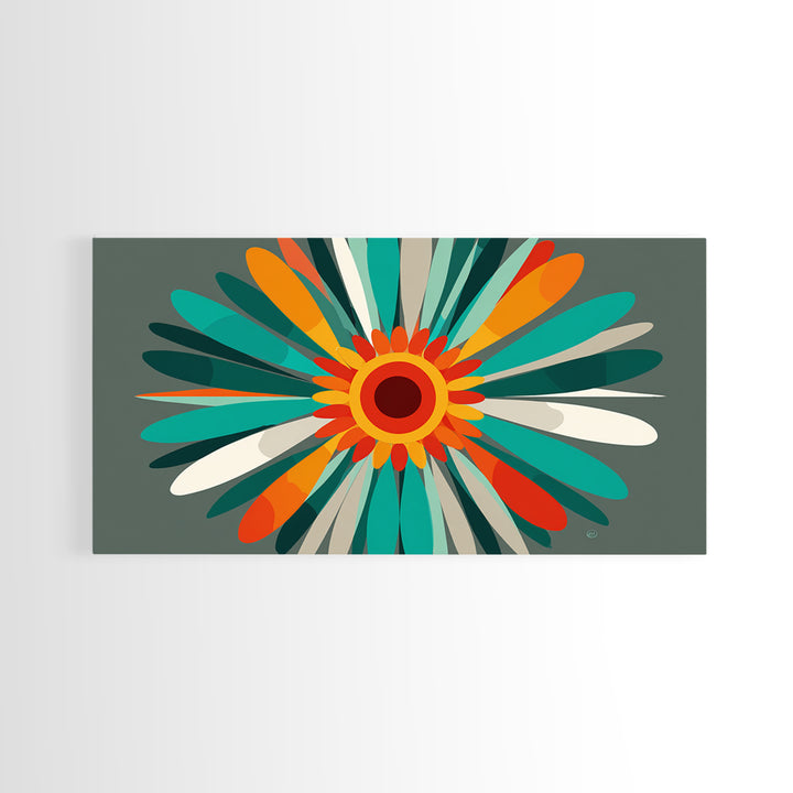 Teal Orange Atomic Flower Wall Art, Mid Century Modern Abstract Burst, Retro Geometric Poster, MCM Home Decor Canvas Print