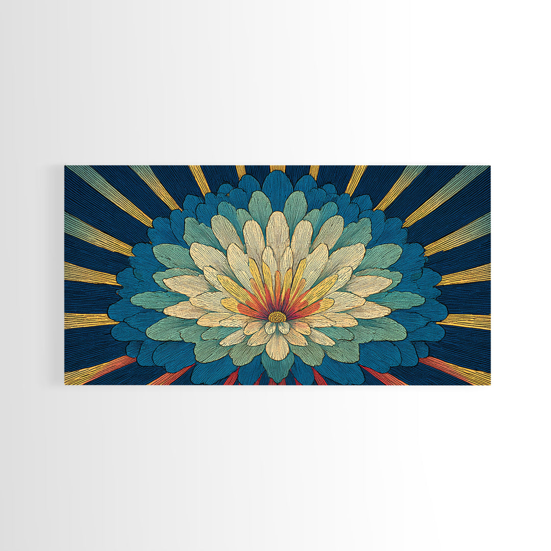 Teal Cream Radiant Flower Wall Art, Midcentury Modern Art Print, Art Deco Floral Decor, Retro Botanical Living Room Decor