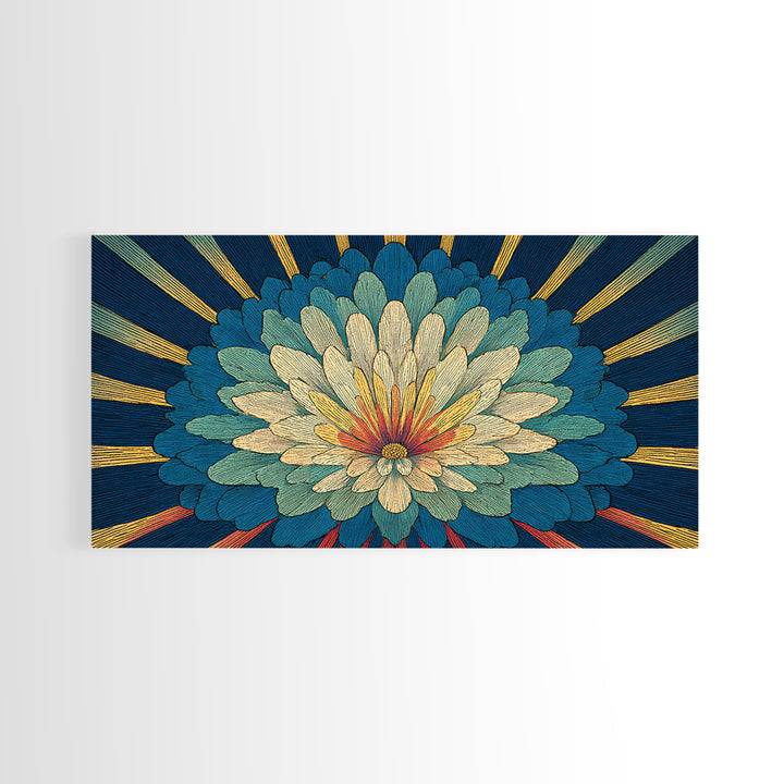 Teal Cream Radiant Flower Wall Art, Midcentury Modern Art Print, Art Deco Floral Decor, Retro Botanical Living Room Decor
