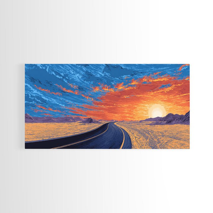 Sunset Highway Desert Wall Art, Midcentury Modern Landscape Print, Retro Travel Poster, Orange Blue Living Room Decor For Home