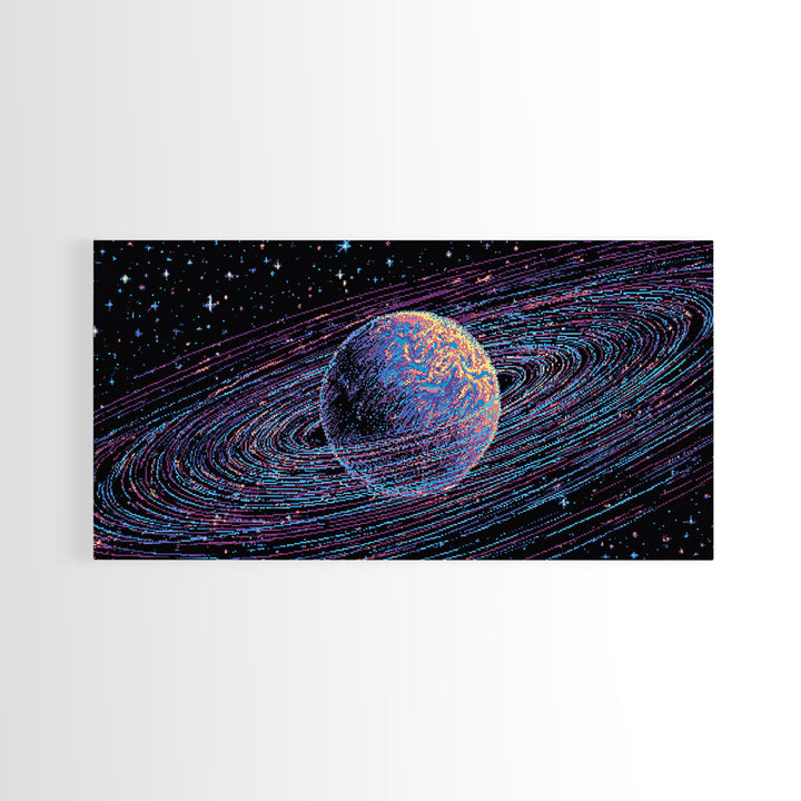 Ringed Planet Space Wall Art, Retro Sci Fi Canvas Print, Cosmic Abstract Art, Modern Digital Art Poster For Bedroom Decor