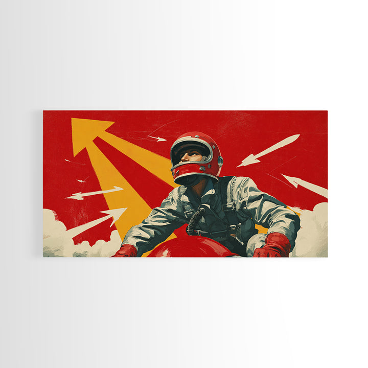 Retro Space Racer Canvas Print, Helmeted Pilot With Arrows Poster, Midcentury Modern Wall Decor, Bold Red Adventure Art Print