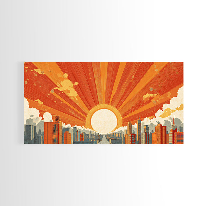 Giant Orange Sun Over City Wall Art, Midcentury Modern Skyline Print, Retro Urban Poster, Warm Home Office Decor Canvas Print