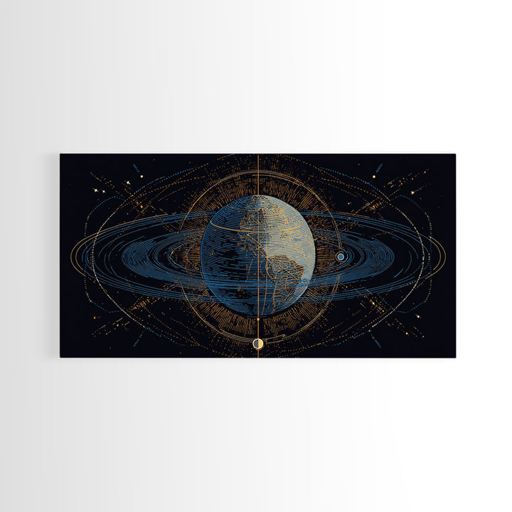 Celestial Planet Orbit Framed Canvas Print, Midcentury Modern Wall Art, Space Abstract Poster, Cosmic Retro Home Office Decor