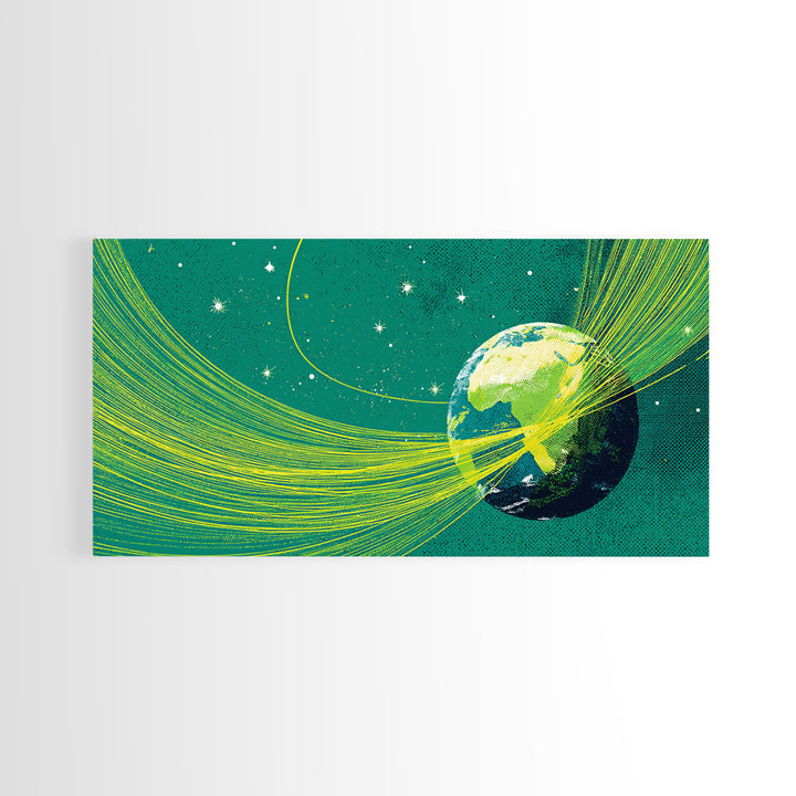 Green Earth Orbit Lines Canvas Print, Retro Space Abstract Wall Decor, Mid Century Modern Art, Cosmic Planet Living Room Decor
