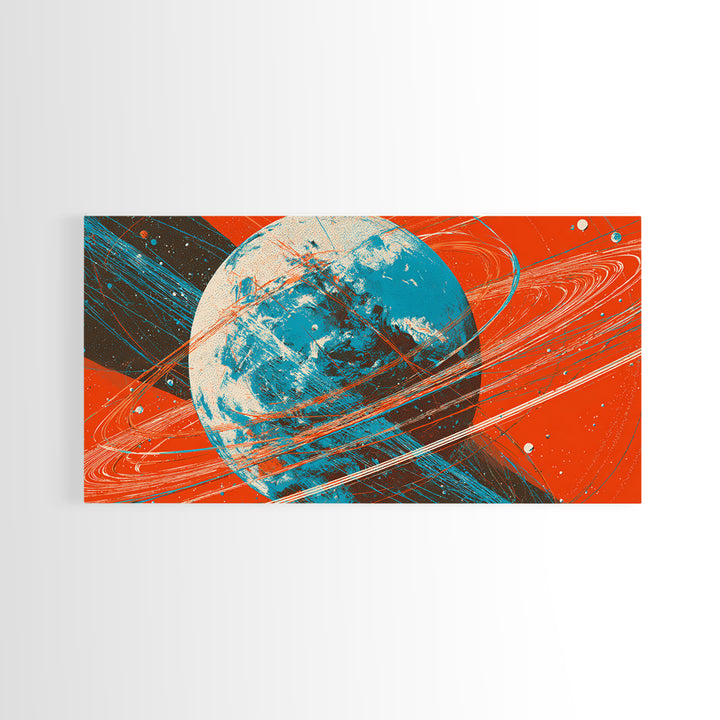 Orange Ringed Planet Canvas Print, Bold Retro Space Wall Art, Mid Century Modern Abstract Poster, Teal Blue Sci Fi Decor