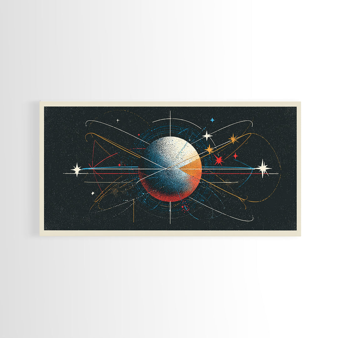 Atomic Orbit Sphere Wall Art, Mid Century Modern Abstract Space Poster, Geometric Planet Lines, Retro MCM Living Room Decor