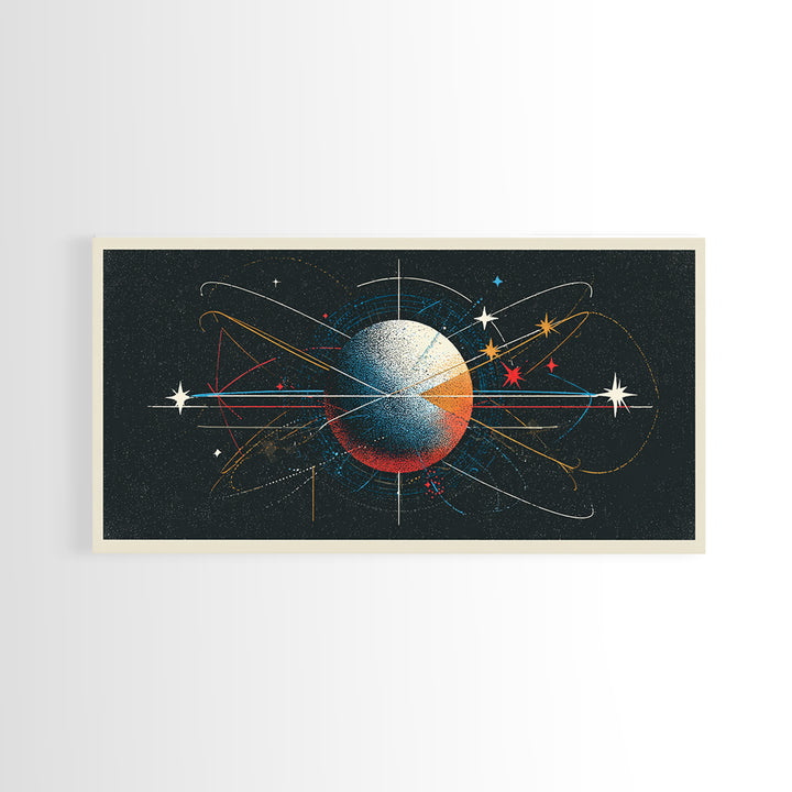 Atomic Orbit Sphere Wall Art, Mid Century Modern Abstract Space Poster, Geometric Planet Lines, Retro MCM Living Room Decor