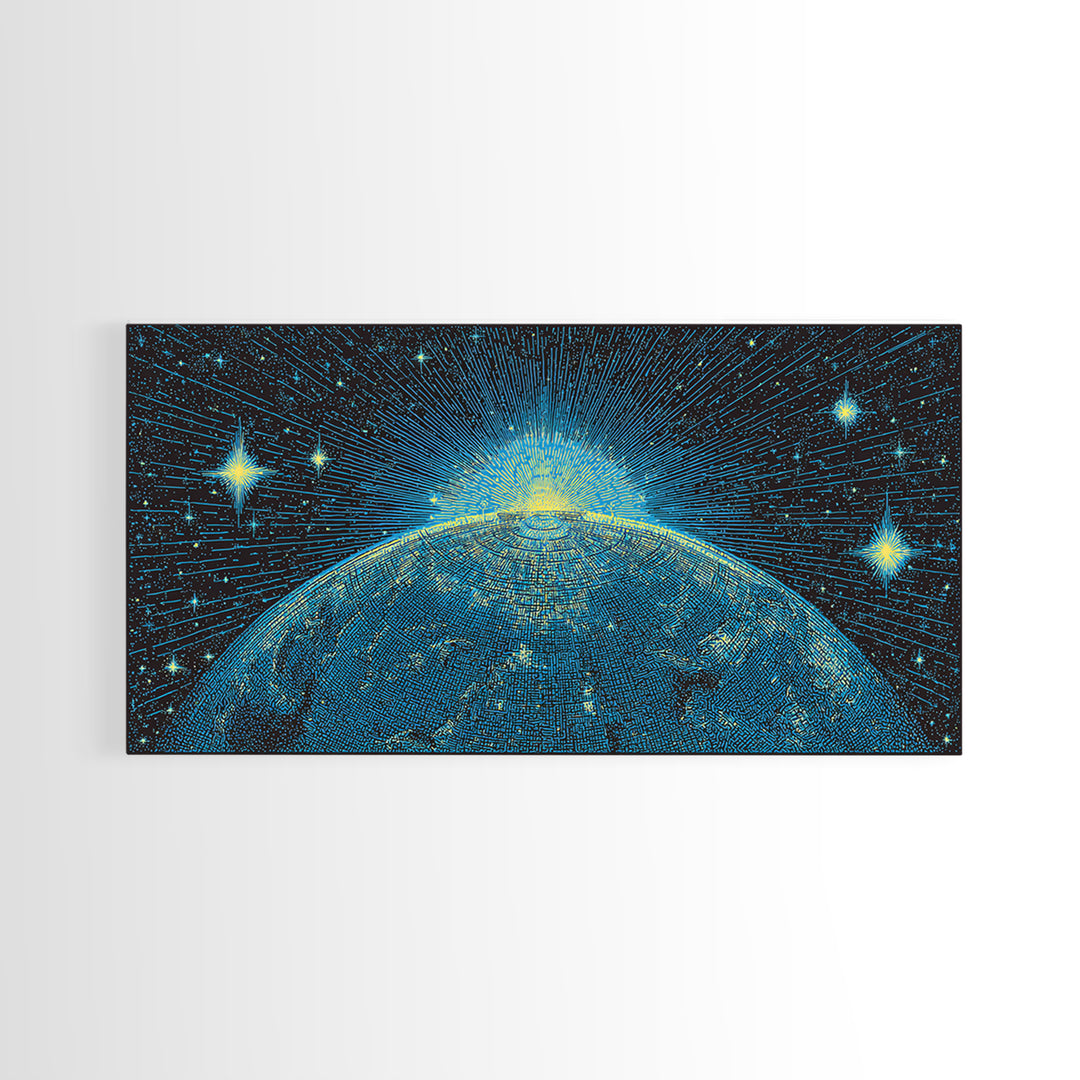 Blue Planet Horizon Canvas Print, Starburst Space Wall Art, Mid Century Modern Abstract Decor, Cosmic Sunrise Statement Poster