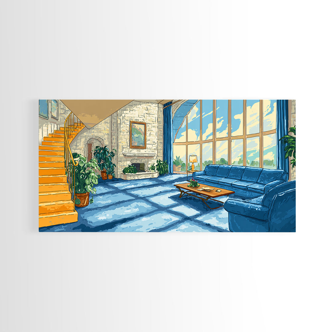 Sunlit Blue Sofa Loft Framed Canvas Print, Modern Wall Art, Airy Living Room Decor, Architectural Interior Poster, Home Office