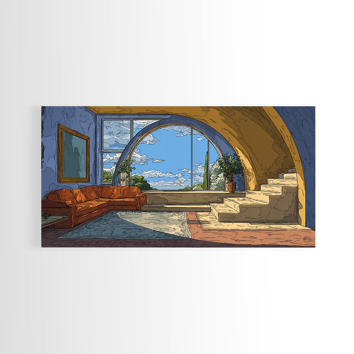 Arched Sea View Living Room Canvas Print, Mediterranean Modern Wall Art, Orange Sofa Coastal Decor, Scenic Interior Poster
