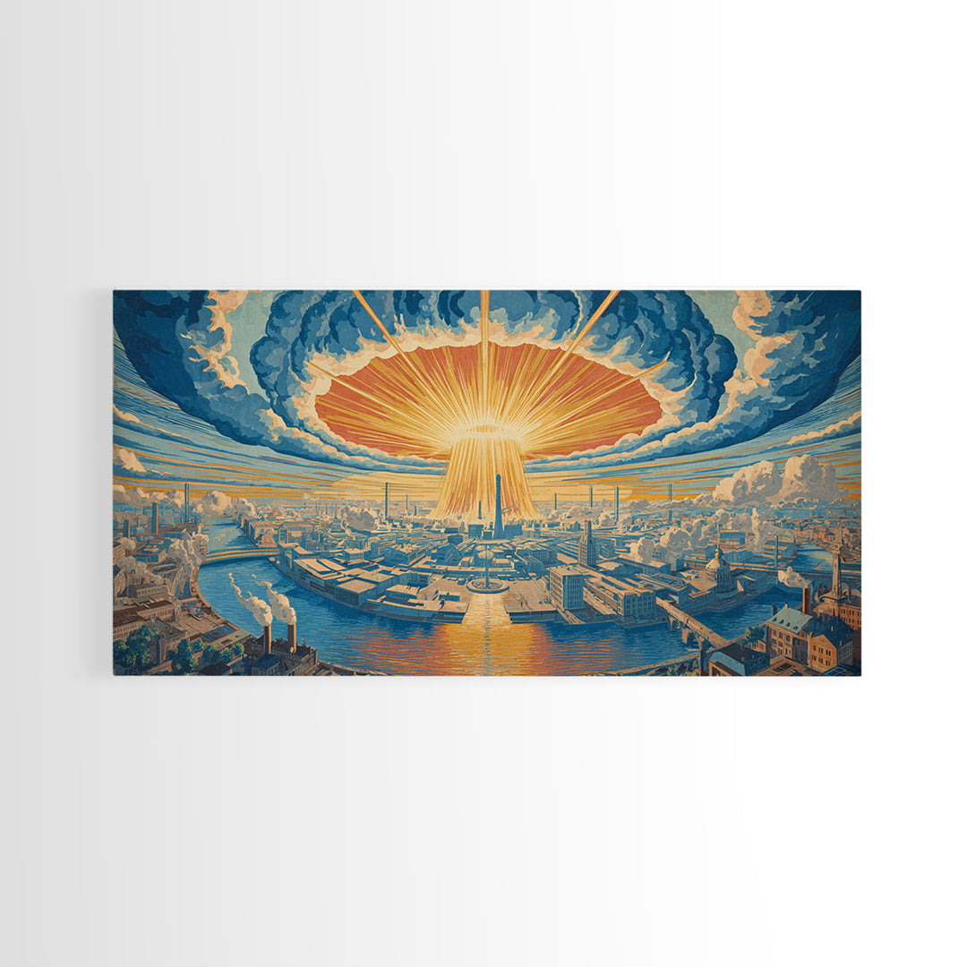 Radiant Futuristic City Sunrise Wall Art, Retro Sci Fi Skyline, Mid Century Modern Decor, Blue Orange Large Canvas Print