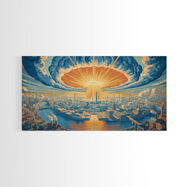 Radiant Futuristic City Sunrise Wall Art, Retro Sci Fi Skyline, Mid Century Modern Decor, Blue Orange Large Canvas Print