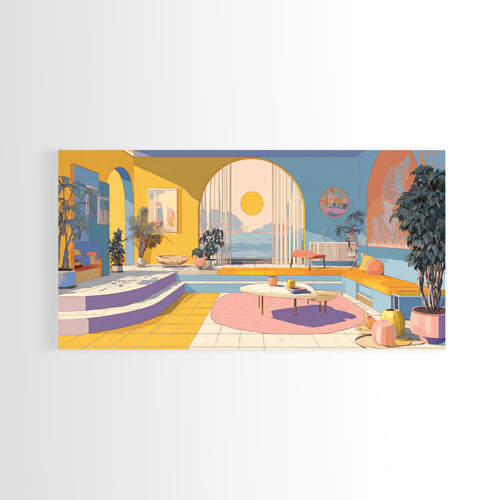 Pastel Ocean Sunroom Canvas Print, Colorful Modern Wall Art, Arch Window Coastal Decor, Retro Palm Springs Living Room Poster